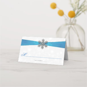 Diamante Snowflake & Blue Ribbon Winter Wedding Placeringskort
