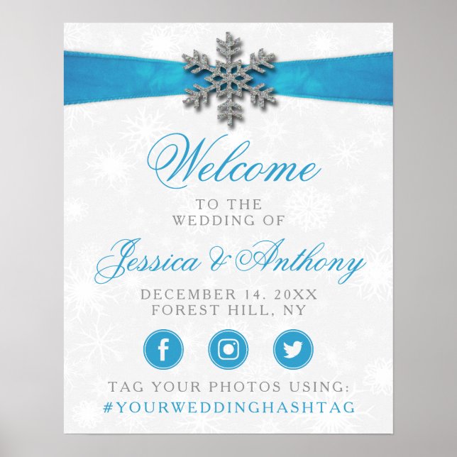 Diamante Snowflake & Blue Ribbon Winter Wedding Poster (Framsidan)
