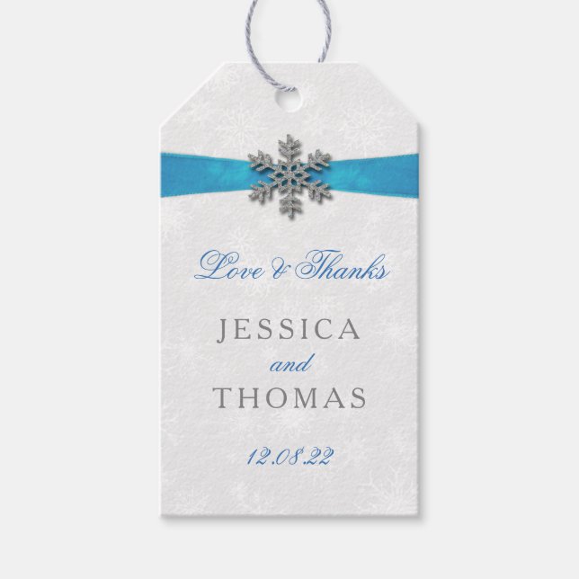 Diamante Snowflake & Blue Ribbon Winter Wedding Presentetikett (Framsidan)