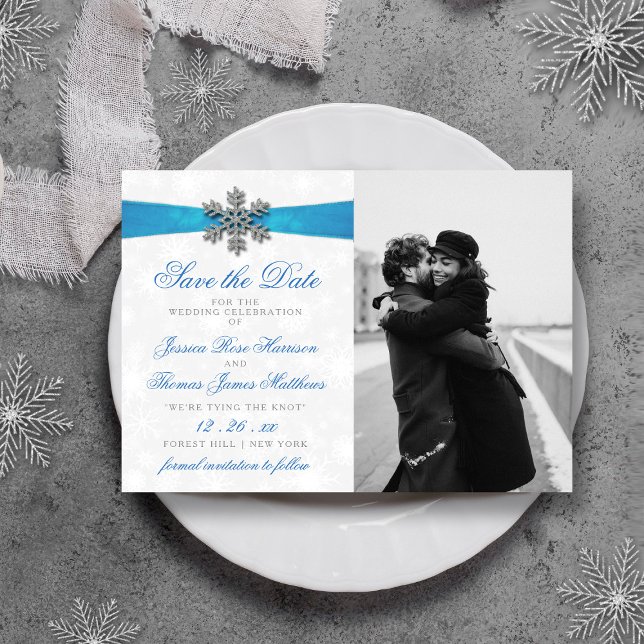 Diamante Snowflake & Blue Ribbon Winter Wedding Spara Datumet (Skapare uppladdad)