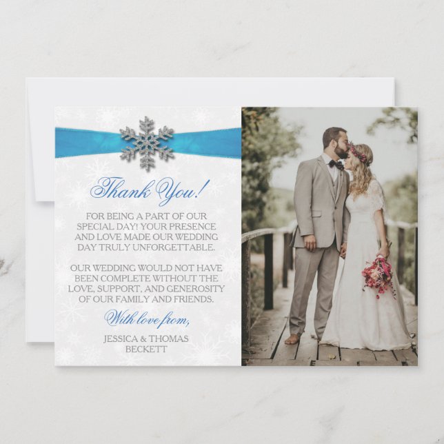 Diamante Snowflake & Blue Ribbon Winter Wedding Tack Kort (Framsida)