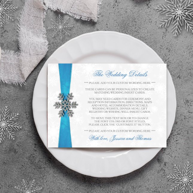 Diamante Snowflake & Blue Ribbon Winter Wedding Tilläggskort (Skapare uppladdad)