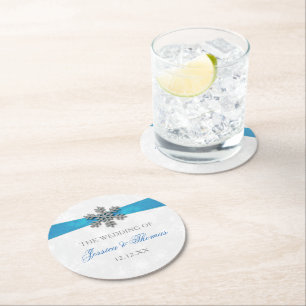 Diamante Snowflake & Blue Ribbon Winter Wedding Underlägg Papper Rund