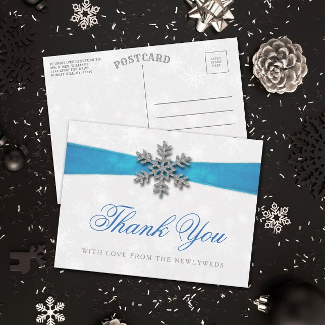 Diamante Snowflake & Blue Ribbon Winter Wedding Vykort (Skapare uppladdad)