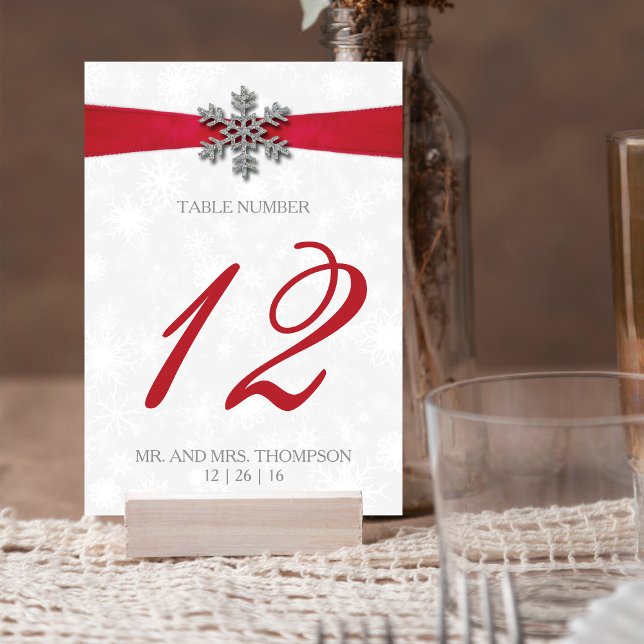 Diamante Snowflake & Red Ribbon Winter Wedding Bordsnummer (Skapare uppladdad)