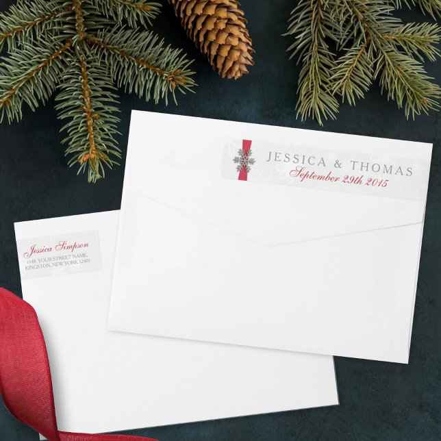 Diamante Snowflake & Red Ribbon Winter Wedding Etikettband (Skapare uppladdad)