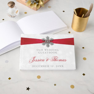 Diamante Snowflake & Red Ribbon Winter Wedding Gästböcker