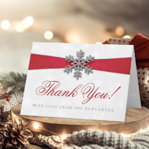 Diamante Snowflake & Red Ribbon Winter Wedding Helgkort