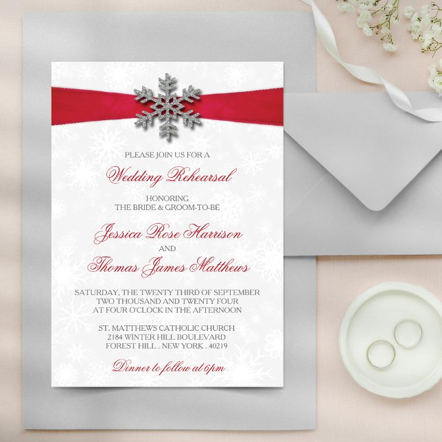 Diamante Snowflake & Red Ribbon Winter Wedding Inbjudningar (Skapare uppladdad)