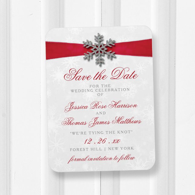 Diamante Snowflake & Red Ribbon Winter Wedding Magnet (Skapare uppladdad)