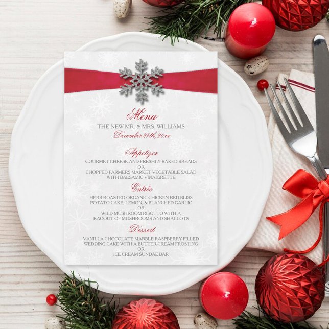 Diamante Snowflake & Red Ribbon Winter Wedding Meny (Skapare uppladdad)