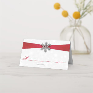 Diamante Snowflake & Red Ribbon Winter Wedding Placeringskort