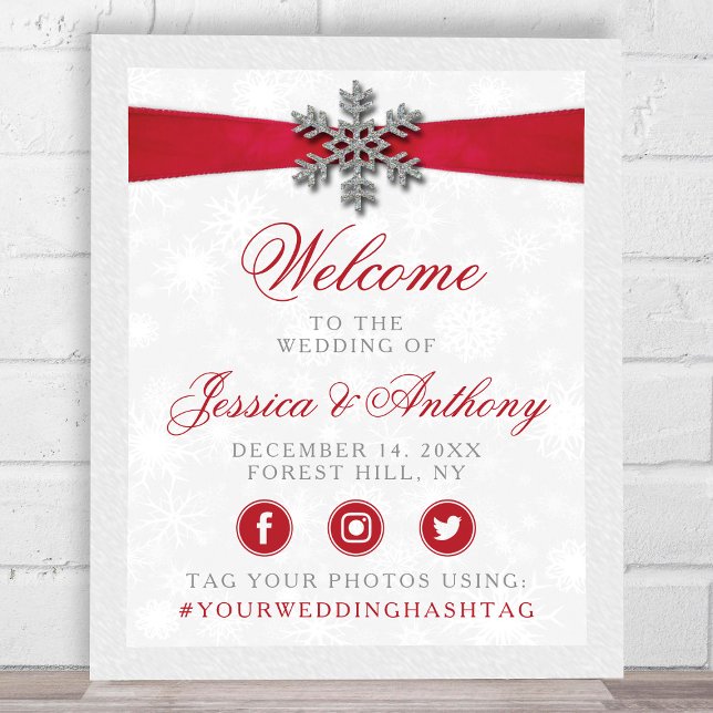 Diamante Snowflake & Red Ribbon Winter Wedding Poster (Skapare uppladdad)