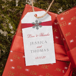 Diamante Snowflake & Red Ribbon Winter Wedding Presentetikett
