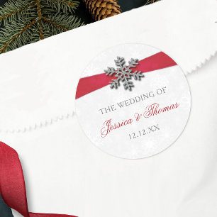 Diamante Snowflake & Red Ribbon Winter Wedding Runt Klistermärke