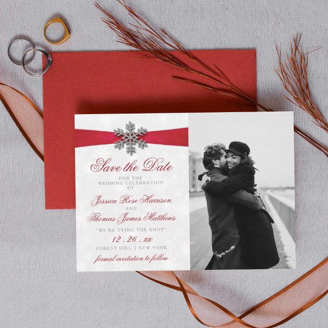 Diamante Snowflake & Red Ribbon Winter Wedding Spara Datumet (Skapare uppladdad)