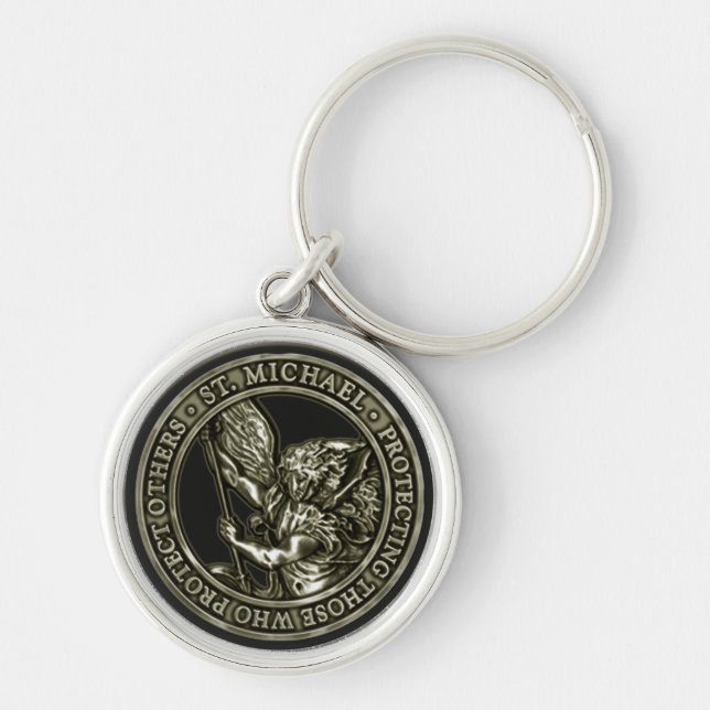 Diamanten pläterar & St Mike Rund Silverfärgad Nyckelring (Framsidan)