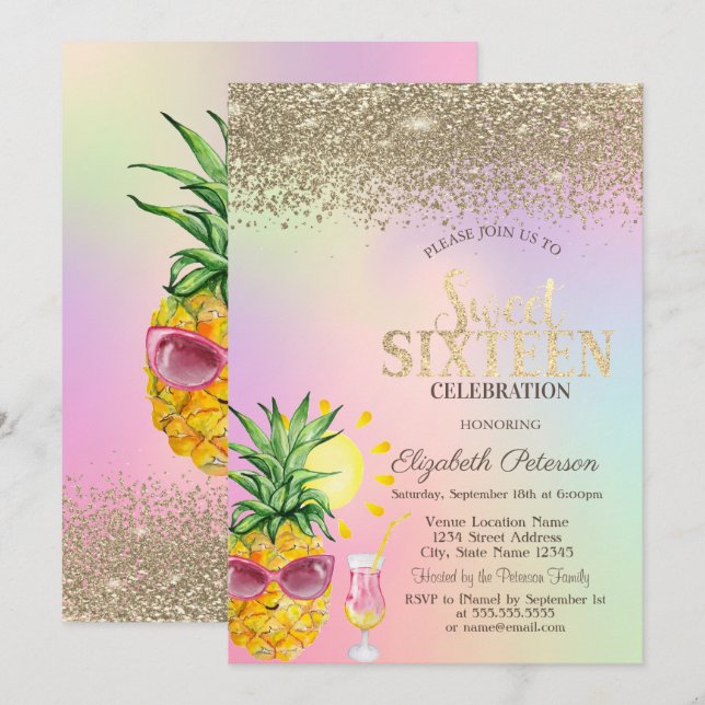 Diamanter,Ananas,Cocktail Holografisk Sweet 16 Inbjudningar (Fram/baksida)