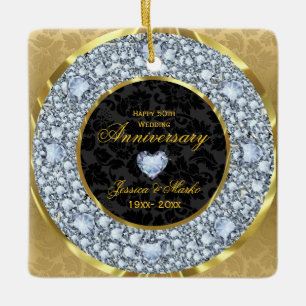 Diamanter, Black & Guld Damask 50-årsdagen Julgransprydnad Keramik