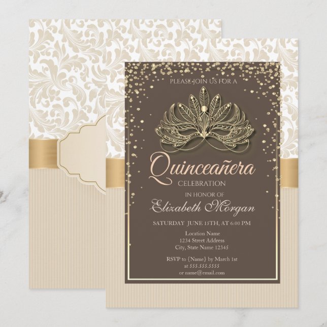 Diamanter Blommig Damast Quinceañera  Inbjudningar (Fram/baksida)