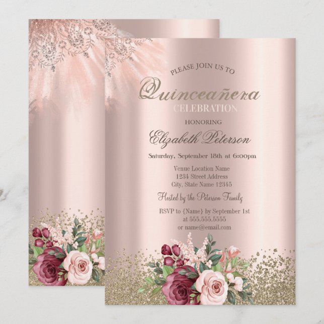 Diamanter Blommor Roséguld Quinceañera Inbjudningar (Fram/baksida)