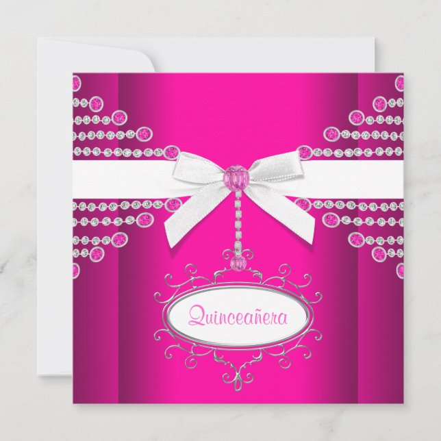 Diamanter Bow Hot Pink Quinceanera Inbjudningar (Framsida)