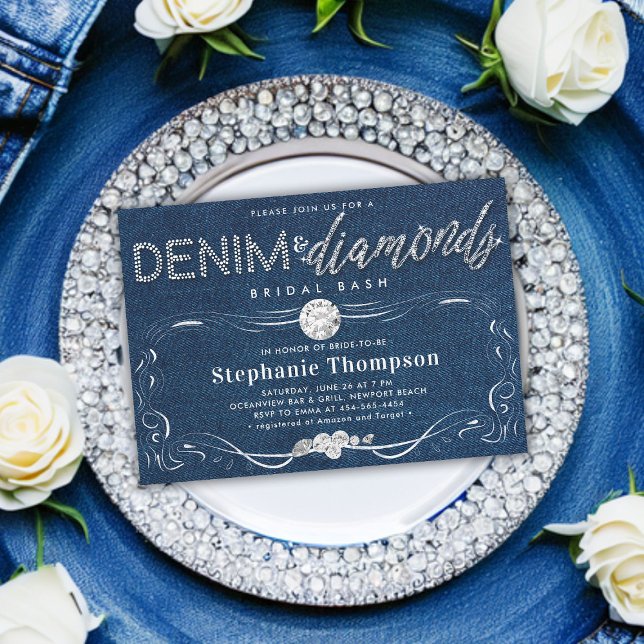 Diamanter Denim Flourish Classy Möhippa Bash Showe Inbjudningar (denim and diamonds bridal party bash shower invitation classy simple whimsical flourish country chic)