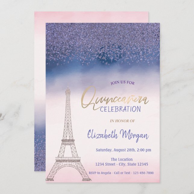 Diamanter,Eiffel Torn Ombre Quinceanera Inbjudningar (Fram/baksida)
