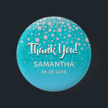 Diamanter glitter Tal Blue grönt tack Knapp<br><div class="desc">Färgaden Faux glitter med faux diamant sprinkle av blå grönt. Med texten: Tack! Mallar för namn och datum. Födelsedatum eller datum för party/årsdagen. Vit brev. För en födelsedagsfest,  babydusch eller möhippa.</div>