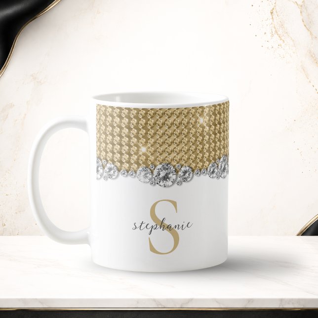 Diamanter Guld Elegant Blankett Monogram Anpassad Kaffemugg (Diamonds Gold Elegant Shiny Monogram Custom Coffee Mug)