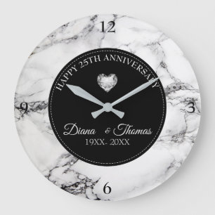 Diamanter Heart och Black White Marble Stone Stor Klocka