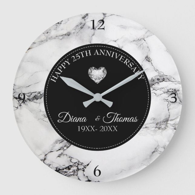 Diamanter Heart och Black White Marble Stone Stor Klocka (Framsida)
