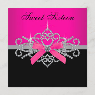Diamanter Hot Pink Svart Sweet 16 Födelsedagsfest Inbjudningar