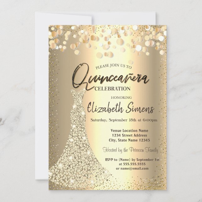 Diamanter Klänning, Guld Konfetti Quinceañera Inbjudningar (Framsida)