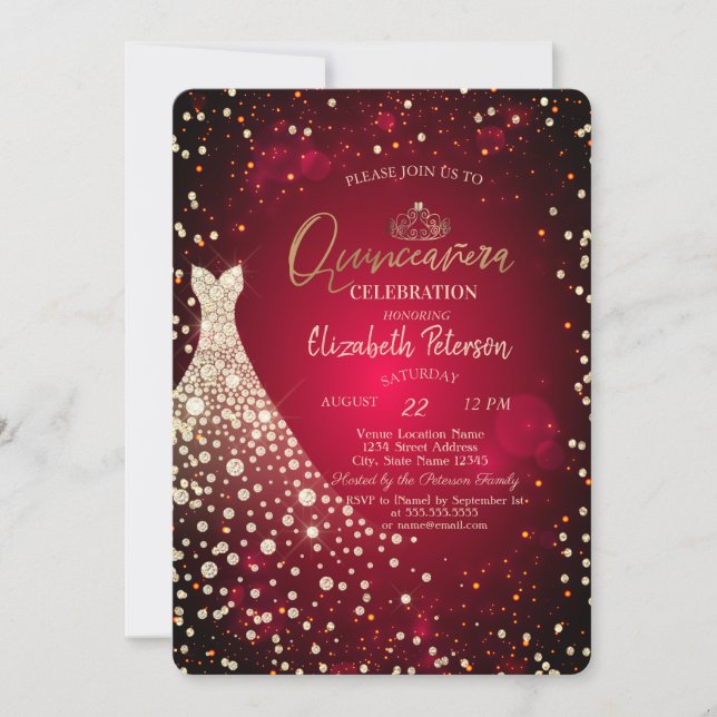Diamanter, klänning, röd Quinceañera Inbjudningar (Framsida)