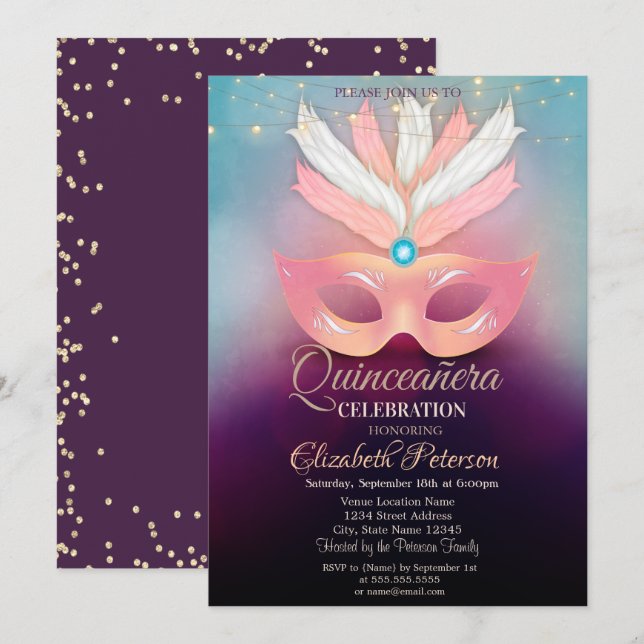 Diamanter,Masque,Ljus, Masquerad Quinceañera Inbjudningar (Fram/baksida)