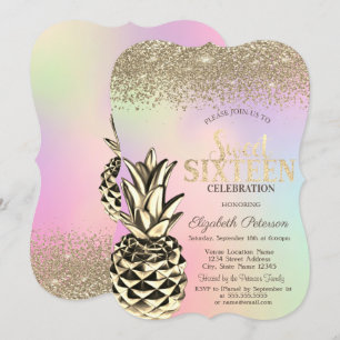 Diamanter, Metallisk Ananas Holografisk Sweet 16  Inbjudningar