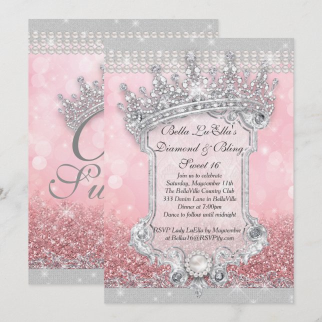Diamanter och bling Sweet 16 Quince-inbjudningar Inbjudningar (Fram/baksida)
