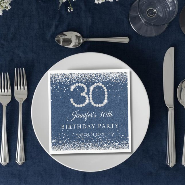 Diamanter och Denim 30års födelsedag Party Pappersservett (Diamonds & denim 30th Birthday Party Napkin)