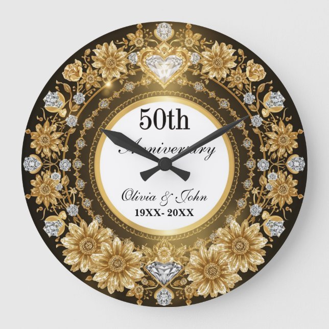 Diamanter Och Guld 50-års Bröllopsjubileum Stor Klocka (Framsida)