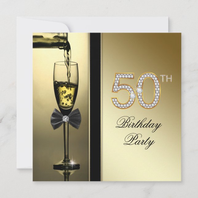 Diamanter och guld champagne 50-årsfest inbjudningar (Framsida)