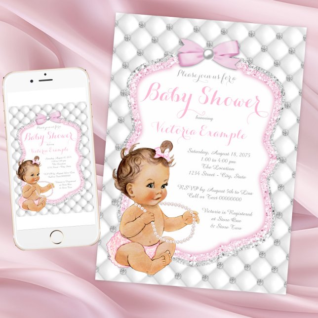 Diamanter och pärlor - Baby Shower Inbjudningar (Pretty blush pink diamond baby shower invitation. Instant download and printed invitations available)