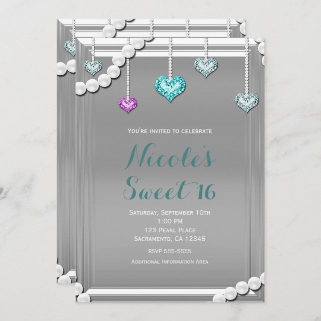 Diamanter och pärlor Bling Jewels Glam Födelsedags Inbjudningar (Fram/baksida)