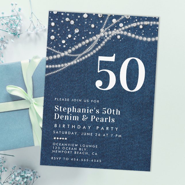 Diamanter Pärlor Denim Elegant Klassisk 50-årsdag Inbjudningar (diamonds pearls denim 50th birthday invitation for women elegant classy modern chic rustic country)