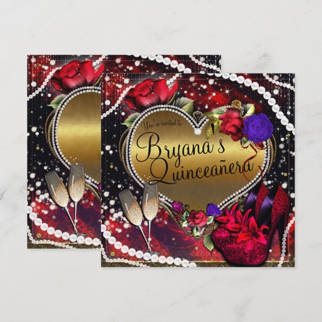 Diamanter Pärlor Hjärta Höga klackar Quinceañera Inbjudningar (Fram/baksida)