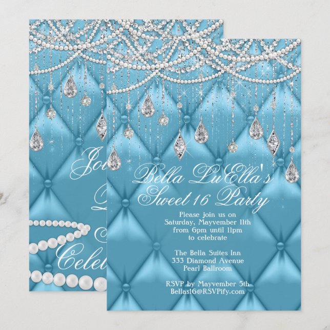 Diamanter, pärlor och bling-partiinbjudningar inbjudningar (Fram/baksida)