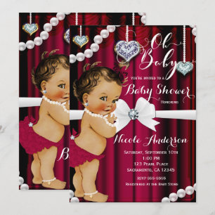 Diamanter & Pärlor Röd Glamour Vintage Baby Shower Inbjudningar