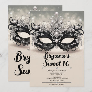 Diamanter & Pärlor Svart Spetsmaskerad Sweet 16 Inbjudningar