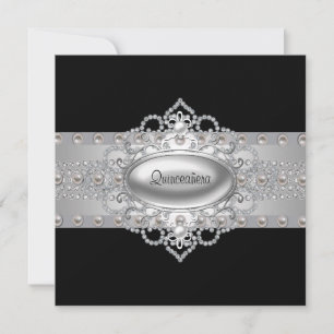 Diamanter Pärlor Svarta Quinceanera-inbjudningar Inbjudningar