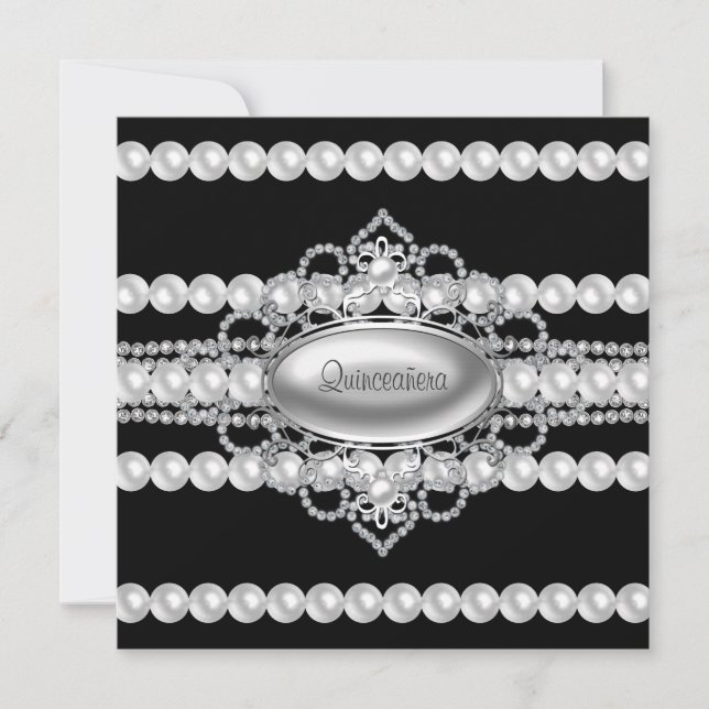 Diamanter Pärlor Svarta Quinceanera-inbjudningar Inbjudningar (Framsida)